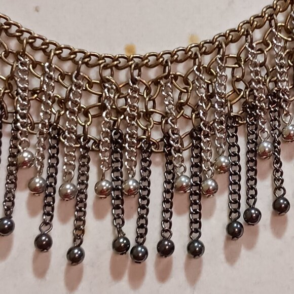 Hand Crafted Tritone Fashion Bib Fringe Statement Necklace - Picture 3 of 6